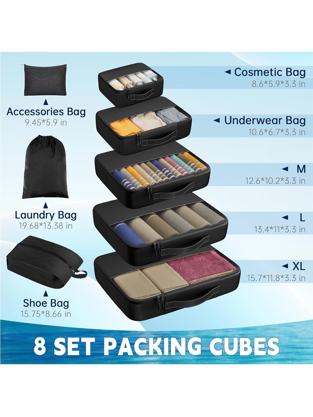 8 piece Packing Cubes Travel Organizer Set